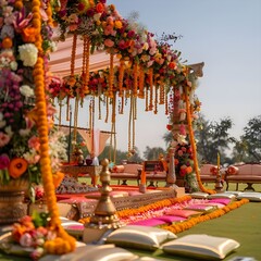 A beautifully decorated area featuring a comfortable couch adorned with flowers Colorful Indian wedding with a decorated mandap and vibrant flower garlands AI Generated