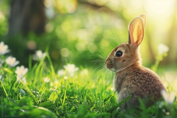 Fototapeta premium Cute brown rabbit in a green field of dandelions, looking at the camera on a sunny spring day. Easter themed background with open space. Easter bunny concept. 