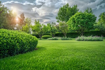 Obraz premium Fresh green grass smooth lawn as a carpet with curve form of bush, trees on the background, good maintenance lanscapes in a garden under cloudy sky and morning sunlight