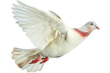 Obraz premium beautiful white and red pigeon flying by flaps the wing On White Background 