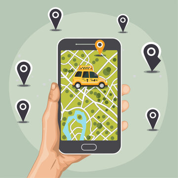 A cartoon-style illustration of an Phone with the map app open, displaying yellow taxi symbols on its screen