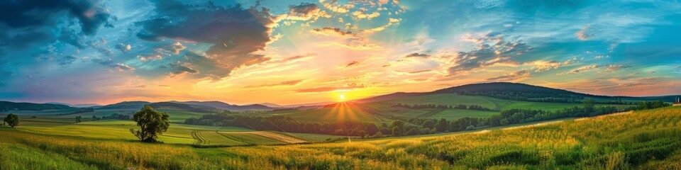 Obraz premium Panorama colorful magnificent sunset in countryside above hills and fields, beauty nature background