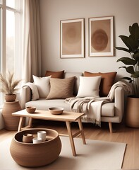 Home interior mock up, cozy modern room with natural wooden furniture, 3d render