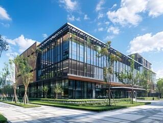 Obraz premium Cutting Edge Corporate Headquarters with Striking Glass Facade and Lush Greenery