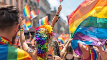 Crowd celebrating with rainbow flags at a public event
