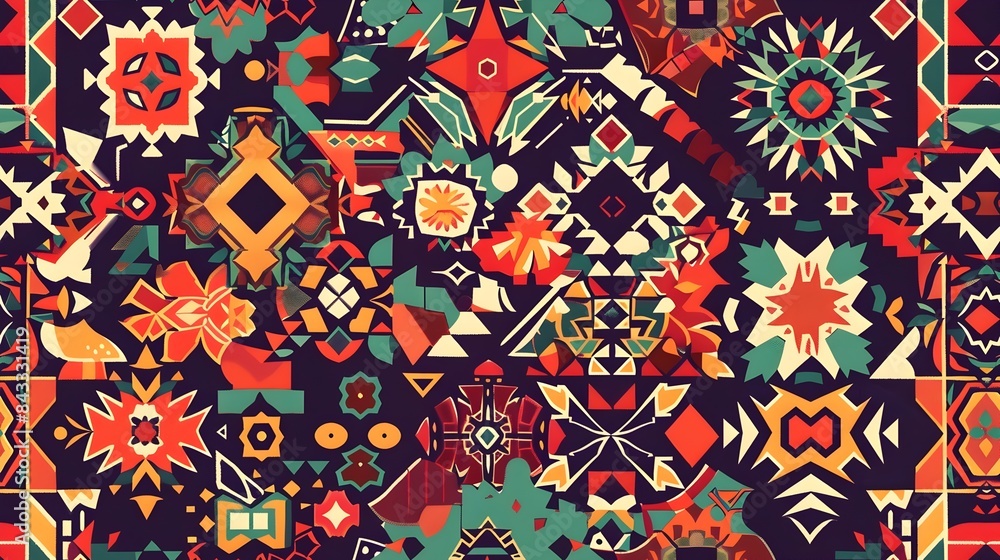 Poster vibrant kaleidoscopic geometric abstract with mandala motifs and repeating ethnic patterns