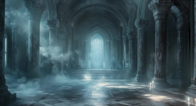 A large empty room with a blue theme. The room was full of pillars and had a very dark atmosphere.