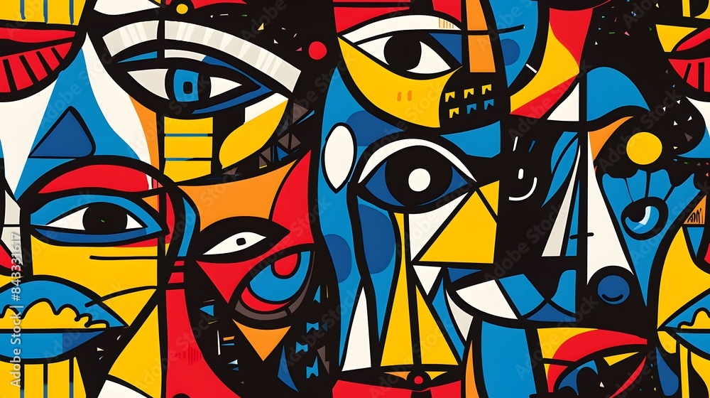 Poster captivating cubist compositional confluence of colorful conceptual countenances