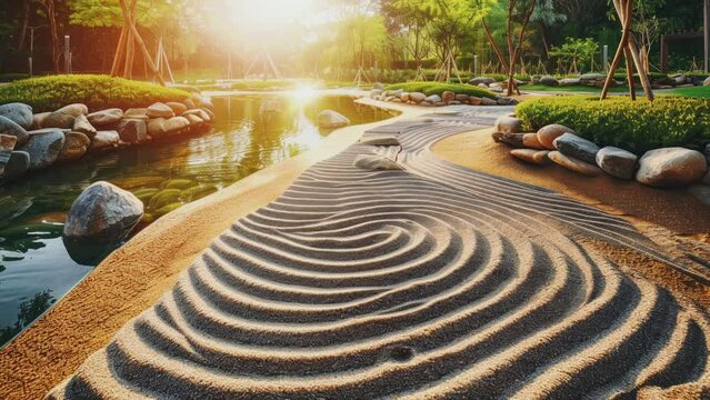 Experience the serenity of a Zen garden featuring raked sand and stone patterns, a small pond, and a stone path in this seamless 4k time-lapse animation.