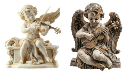 Obraz premium Musical Cherubs, Two cherub statues playing violins, Angelic Music Sculptures on a transparent background.