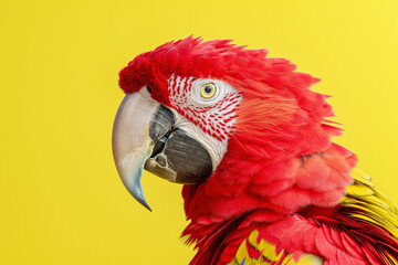 Fototapeta premium A close-up portrait photo of a colourful parrot against a colourful yellow background. The bird is the focal point of attention against the vibrant coloured backdrop, creating a visually appealing and