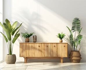 3D rendering of a mock up interior design concept, with a white wall background and a wooden...