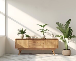 3D rendering of a mock up interior design concept, with a white wall background and a wooden sideboard and plants on the floor in the style of a modern minimalist living room