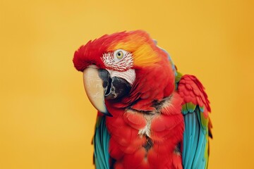 Fototapeta premium A close-up portrait photo of a colourful parrot against a colourful yellow background. The bird is the focal point of attention against the vibrant coloured backdrop, creating a visually appealing and