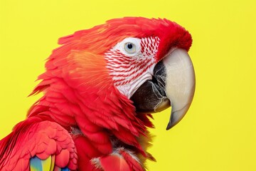 Fototapeta premium A close-up portrait photo of a colourful parrot against a colourful yellow background. The bird is the focal point of attention against the vibrant coloured backdrop, creating a visually appealing and