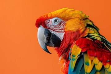 Fototapeta premium A close-up portrait photo of a colourful parrot against a colourful yellow background. The bird is the focal point of attention against the vibrant coloured backdrop, creating a visually appealing and