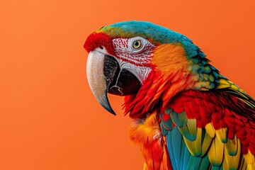 Fototapeta premium A close-up portrait photo of a colourful parrot against a colourful yellow background. The bird is the focal point of attention against the vibrant coloured backdrop, creating a visually appealing and