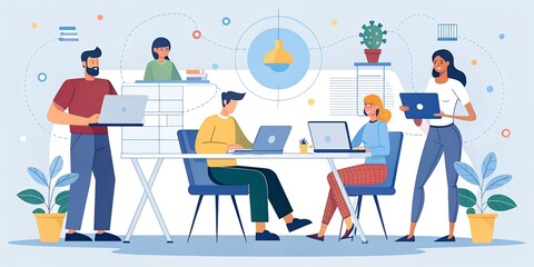 Working online team doing some creative job vector , illustration, remote virtual working freelancers or a part of coworking team.