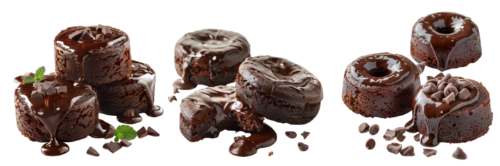 set of decadent chocolate lava cakes with molten centers on transparent background