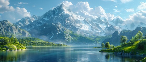 Naklejka premium A beautiful mountain landscape with a lake in the foreground. The mountains are covered in snow and the sky is clear and blue