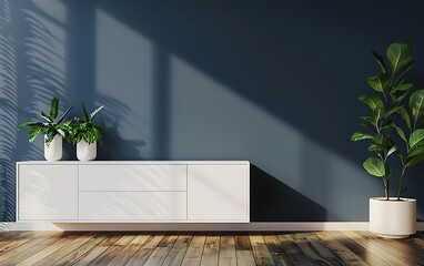 3D rendering of a white cabinet with plants on a wooden floor and navy blue wall background in a modern living room interior mock up in a minimal style, empty space for text or product display