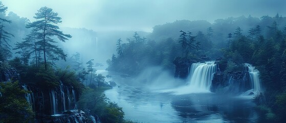 A beautiful waterfall is surrounded by trees and a river