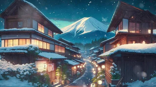 4K looping video, a calm night in Kyoto is shown with glowing lanterns adorning wooden buildings, a snow-blanketed street, a central canal, and Mount Fuji beneath a starry sky, blending traditional Ja