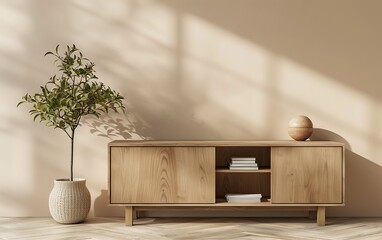3D rendering of a wooden cabinet with a book shelf and plant on a beige wall background in a living room interior mock up, in the style of a minimalist style concept