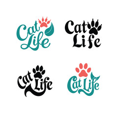 Fototapeta premium Cat Life, a calligraphy set, featuring paw print quotes for cat lovers. ﻿International Cat Day, vector illustration.