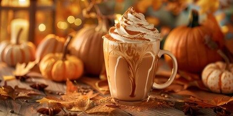 A delicious pumpkin spice latte topped with intricate latte art and a generous helping of spiced whipped cream for a cozy fall experience.