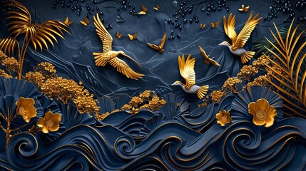 3D modern mural, dark blue jungle with elegant golden birds, white gold dinosaur, and luxurious gold waves, ideal for stylish interiors