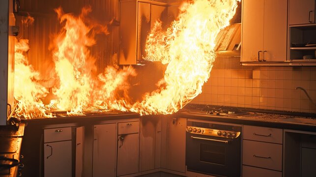 A kitchen fire rapidly spreading, showcasing the severity of fire hazards in a home environment, stressing safety measures