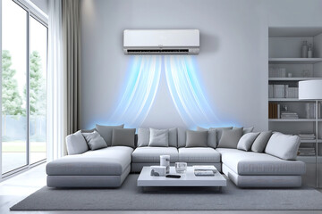 Modern Minimalist Living Room with High-Efficiency Air Conditioning Unit: Perfect Blend of Comfort and Energy Conservation