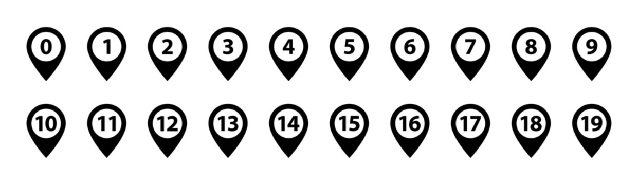 Location pin icon with number set