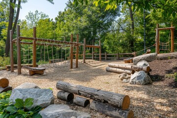 A playground in a natural setting with log balance beams and climbing ropes