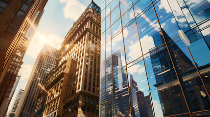 Fototapeta premium The scene includes a blend of modern skyscrapers with historical buildings at the base, Generative ai