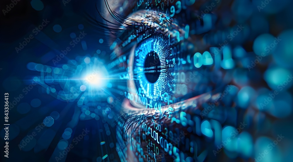 Poster futuristic digital eye revealing intricate data network and artificial intelligence