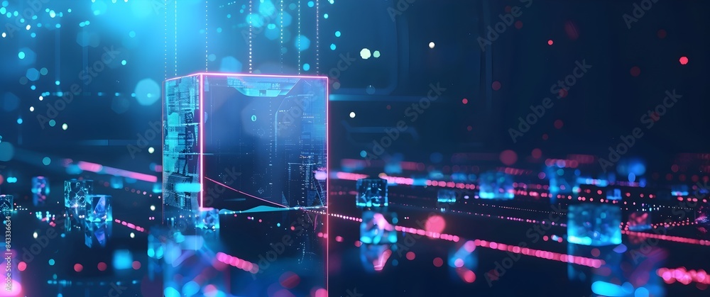 Poster futuristic digital landscape with glowing geometric shapes and dynamic data visualization