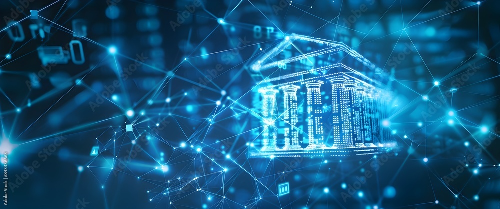 Poster futuristic digital network architecture with glowing neon shapes and symbolic elements