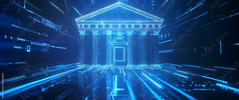 Poster ancient futuristic temple of technology illuminates a captivating landscape with geometric patterns 