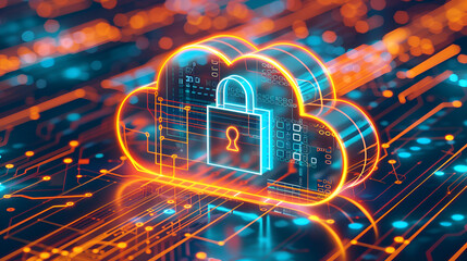 The virtual abstract illustration of cloud security services, stylized cloud icon integrated with a secure padlock symbol, representing data protection and cybersecurity, Generative ai