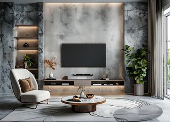 3d rendering of tv on wall in modern living room interior with armchair, coffee table and decoration