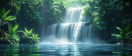 A waterfall is flowing into a body of water