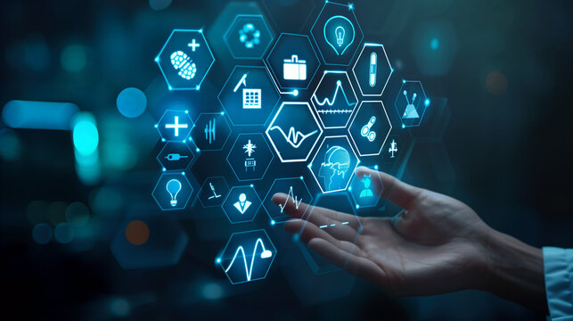 Healthcare system. Medical icons on hexagons made pyramid and hand holding the top element. Health care plane, patient service digital technology, ai integrate, futuristic pharmacy innovation concept - Powered by Adobe