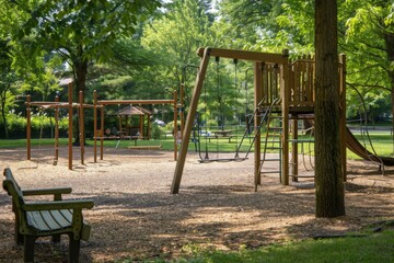 Fototapeta premium A playground with swings, slides, and a merry-go-round in a suburban parka suburban park