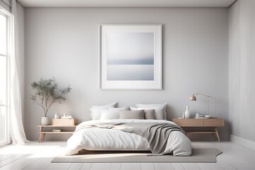 Mockup white empty frame in light cozy and simple bedroom interior background, 3d render