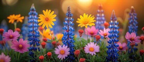 A field of flowers with a mix of colors including blue, yellow, and pink. The flowers are in full bloom and the sun is shining brightly on them. Concept of warmth, happiness, and beauty