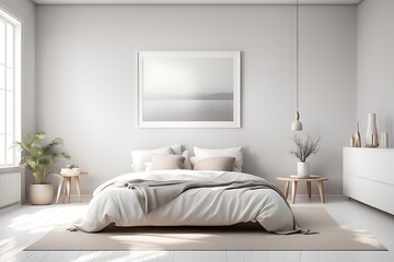 Mockup white empty frame in light cozy and simple bedroom interior background, 3d render