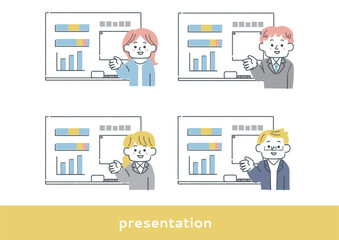 資料の説明をしているビジネスパーソンのイラストセット