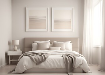 Fototapeta premium Mockup white empty frame in light cozy and simple bedroom interior background, 3d render